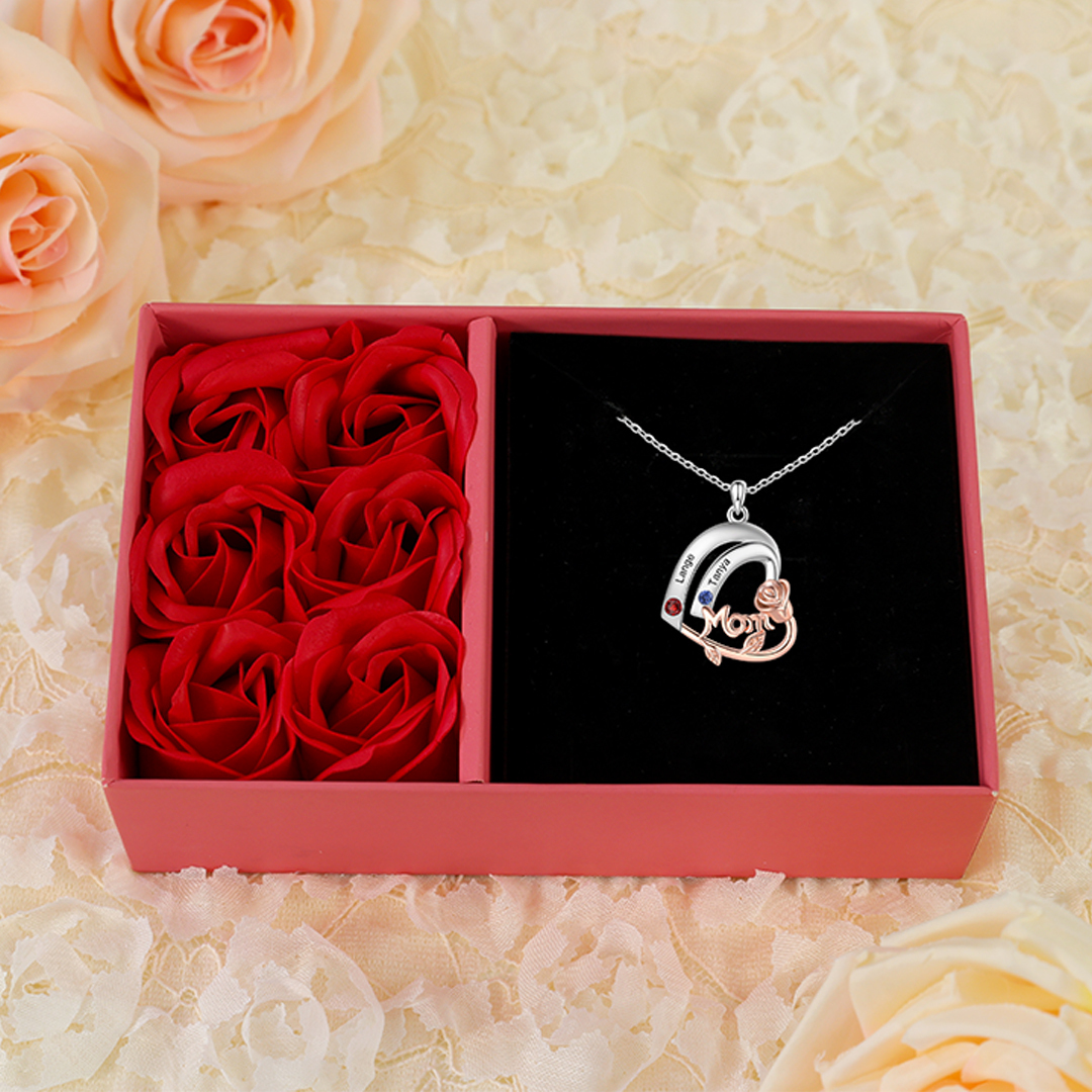 Personalized Heart Pendant Necklace Custom 2 Birthstones & 2 Names Bir