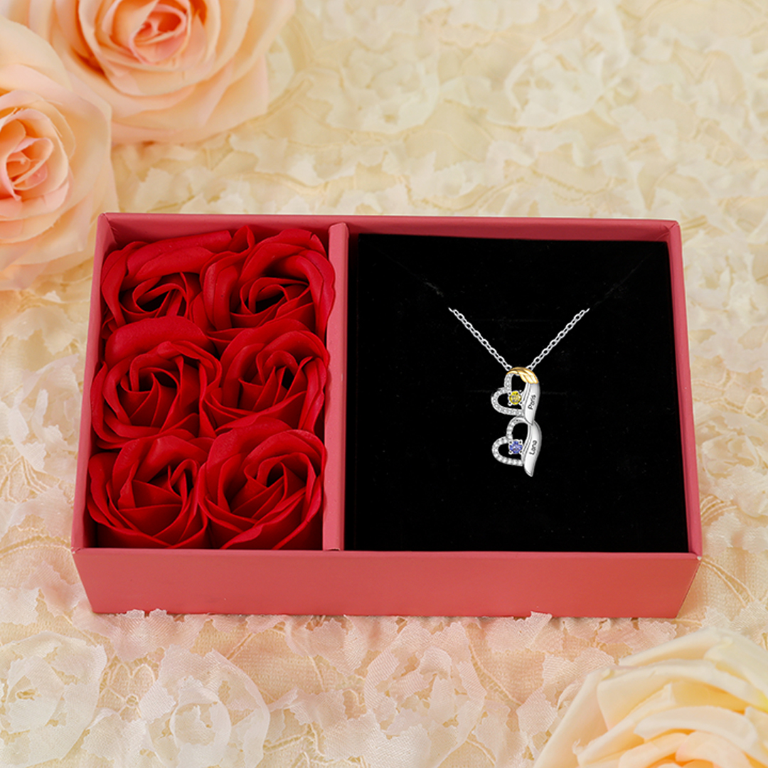 Personalized Heart Pendant Necklace Custom 2 Birthstones & 2 Names Birthday Women Necklace Gift for Her