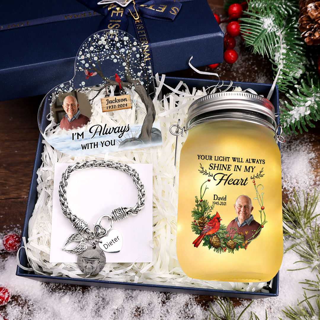 Personalized Memorial Gift Set with Mason Jar Angel Wing Bracelet Heart Acrylic Plaque Custom Photo & Name 