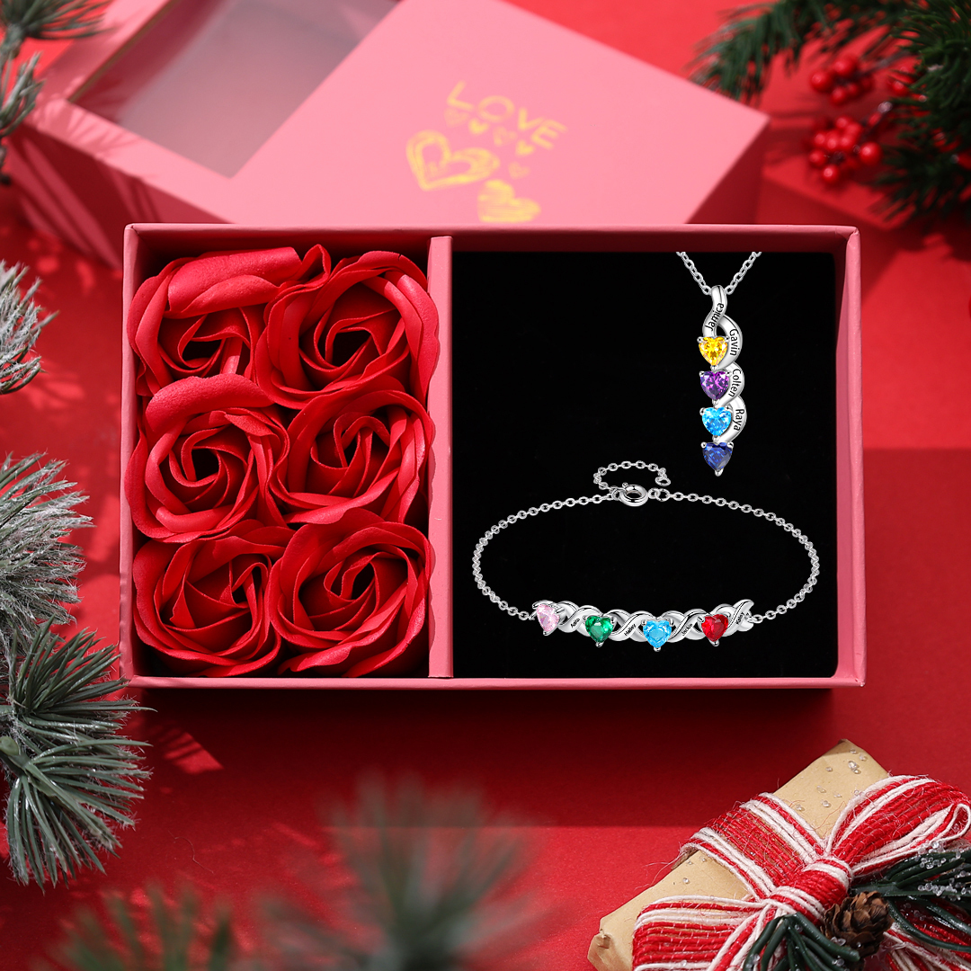 Custom Heart Birthstone Jewelry Set Necklace Bracelet for Family Personalized with 4 Names 4 Birthstones