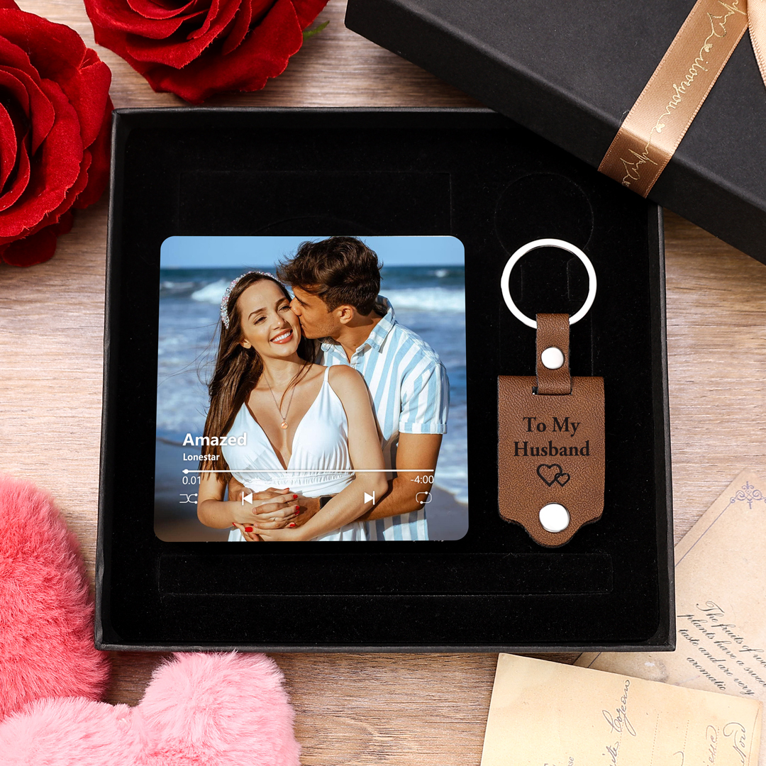 Personalized Gift Set for Couples Custom Photo Music Magnet Leather Keychain Perfect Valentine's Gift