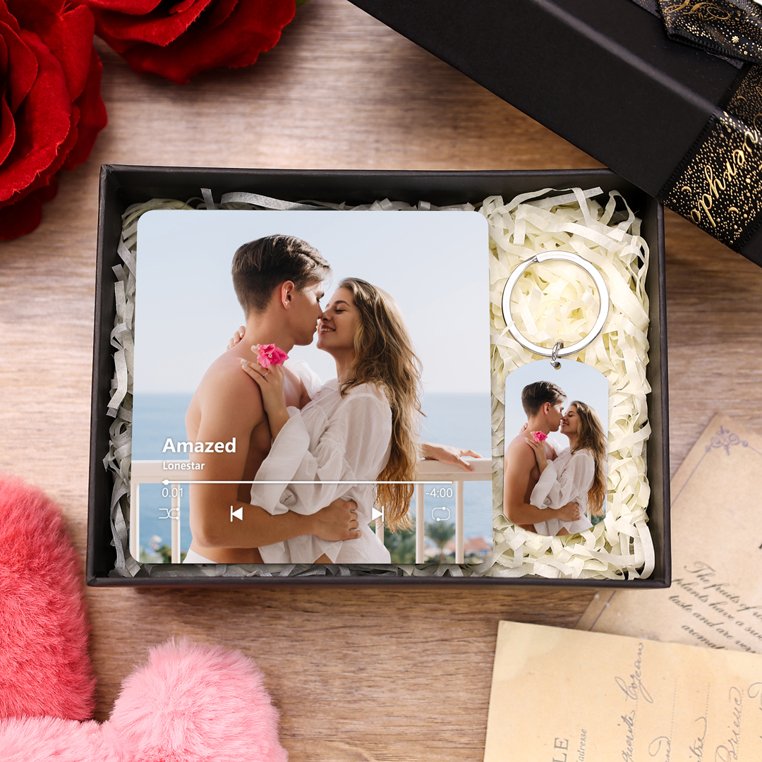 Personalized Gift Set for Couples Custom Photo Music Magnet Engraved Keychain Perfect Valentines Gift