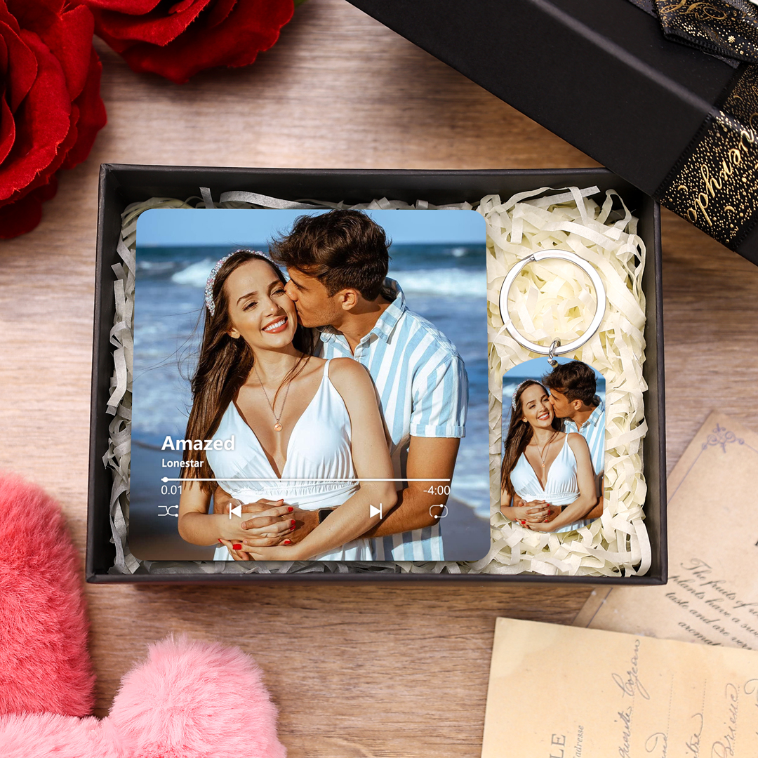 Personalized Gift Set for Couples Custom Photo Music Magnet Engraved Keychain Perfect Valentines Gift