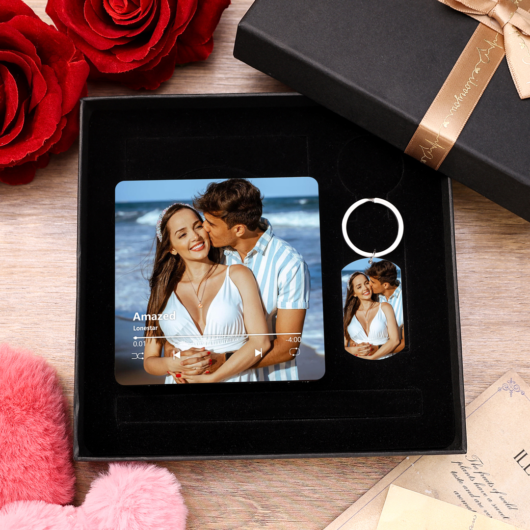 Personalized Gift Set for Couples Custom Music Photo Magnet Photo and Text Keychain and Gift Box Perfect Valentines Day Gift