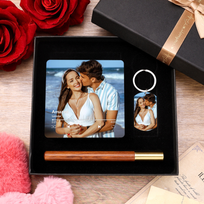 Personalized Gift Set for Him Custom Music Photo Magnet, Engraved Keychain Wooden Pen and Gift Box Perfect Valentines Day Gift