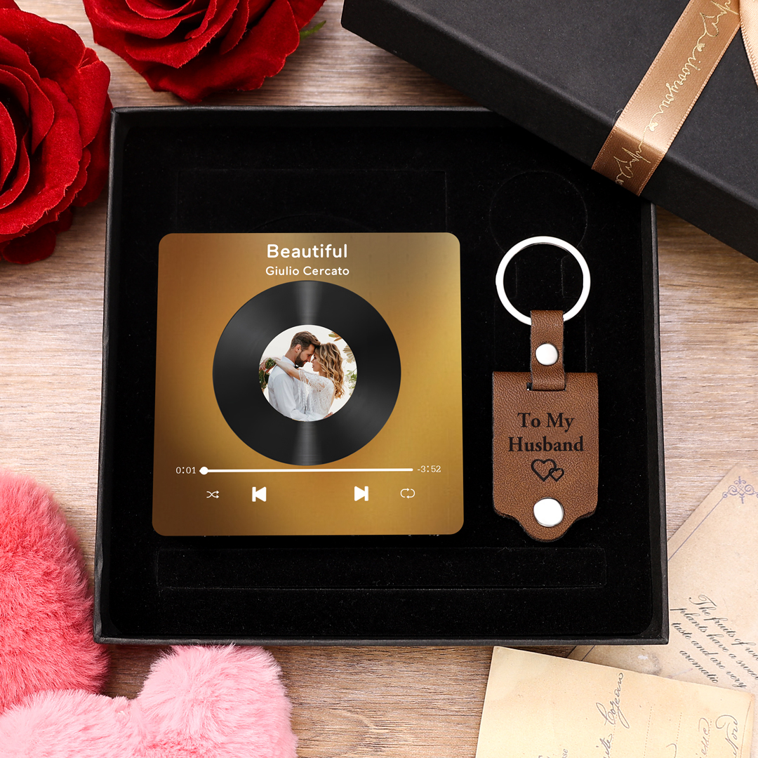 Personalized Gift Set for Couples Custom Music Photo Magnet, Leather Keychain with Photo Texts and Gift Box Perfect Valentines Gift