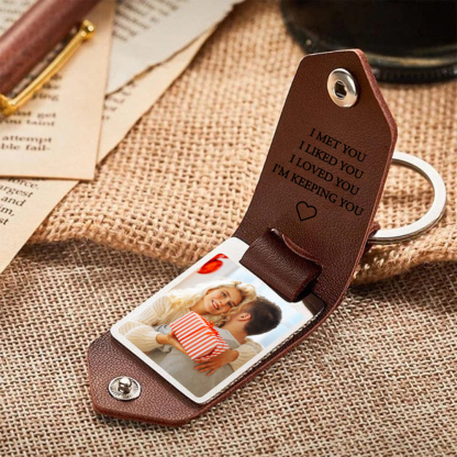 Personalized Photo Keychain Custom Text Leather Keyring Valentine's Day Gift I Met You I Liked You I Loved You