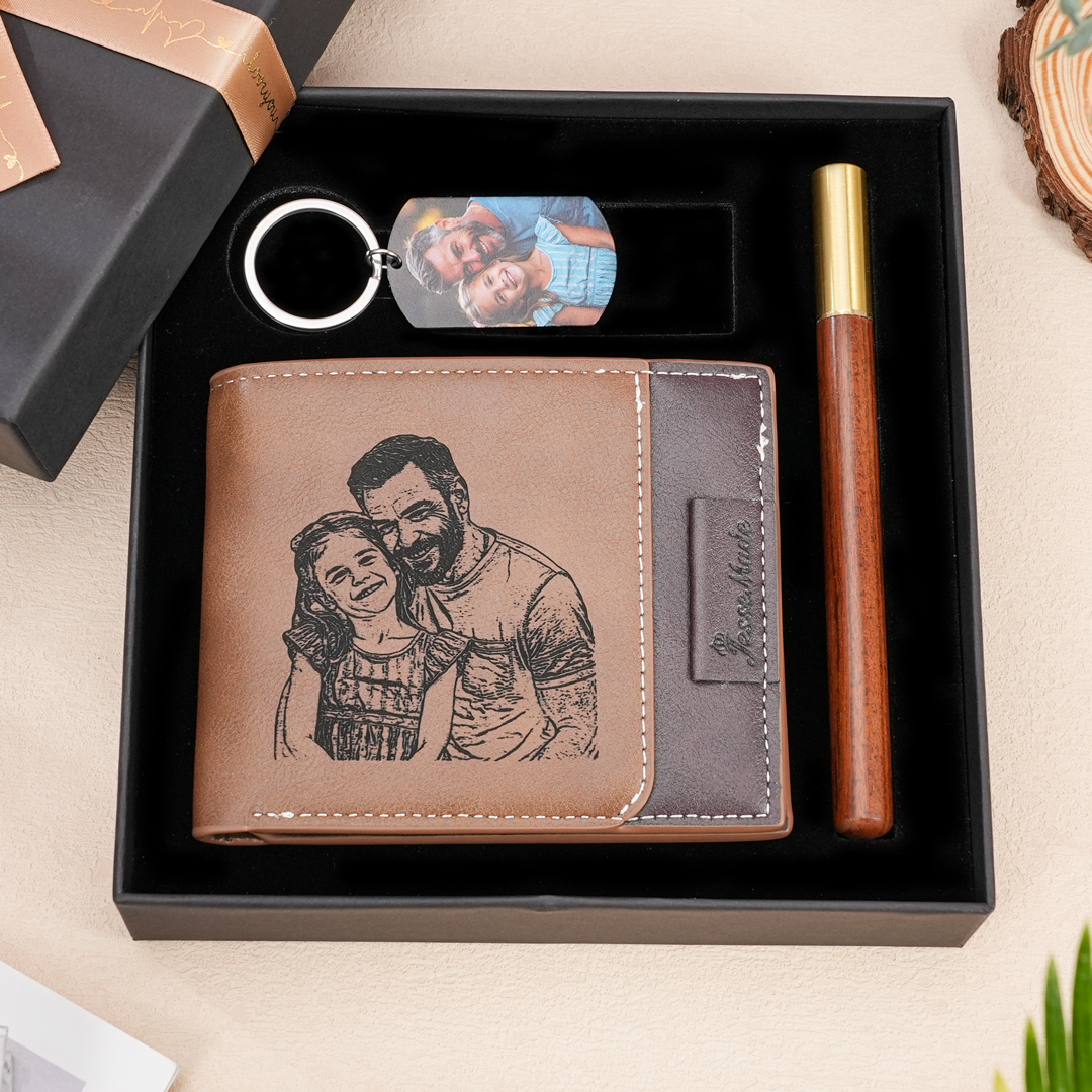 Personalized 2 Texts & 2 Photos Gift Set Custom Wallet & Keychain & Pen Gift Box Set Gift for Grandpa