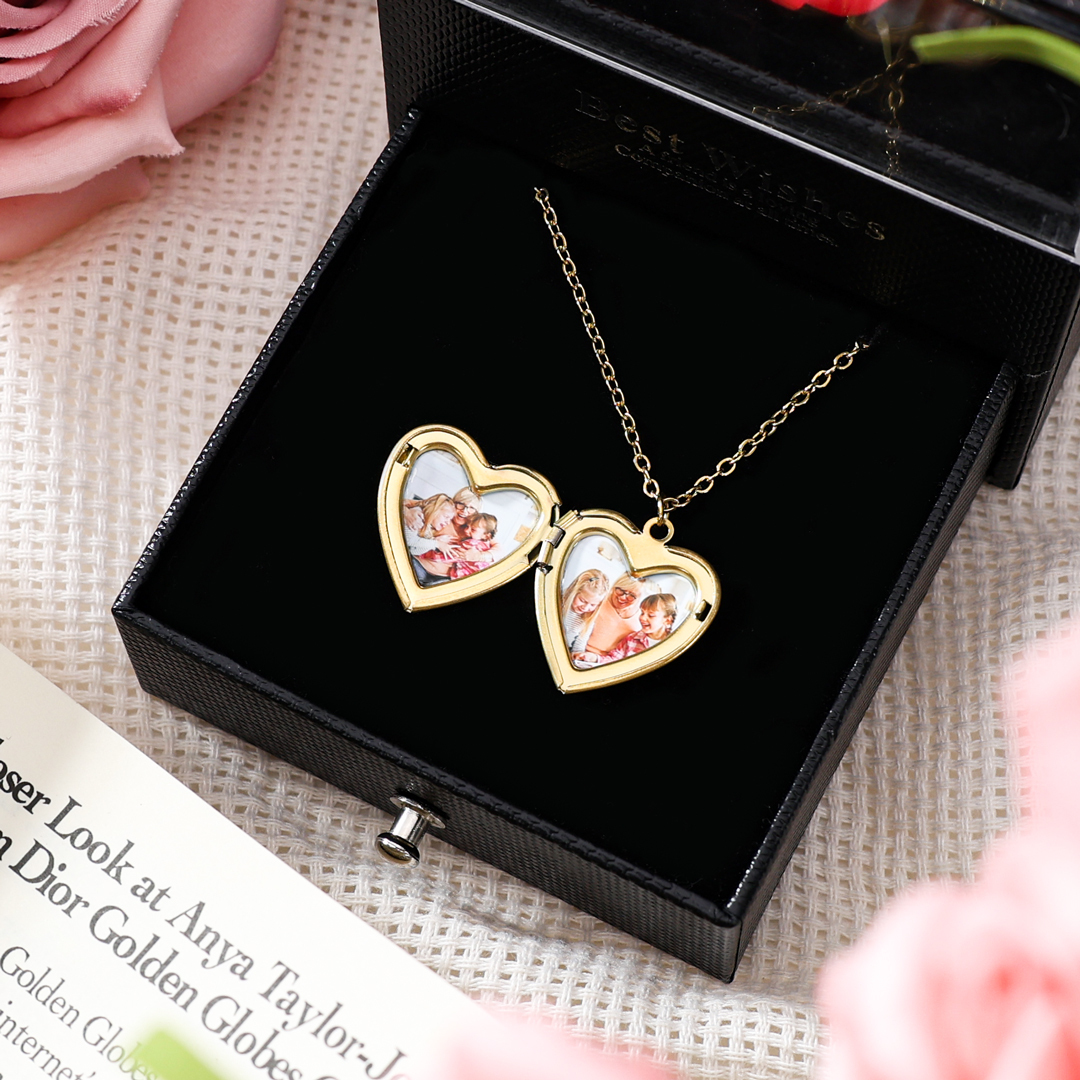 Personalized Heart Pendant Necklace Custom 2 Photos & 1 Birth Flower Gift for Ladies Girls