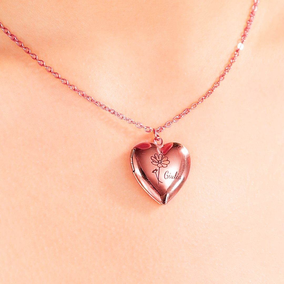 Personalized Heart Pendant Necklace Custom 2 Photos & 1 Birth Flower Gift for Ladies Girls