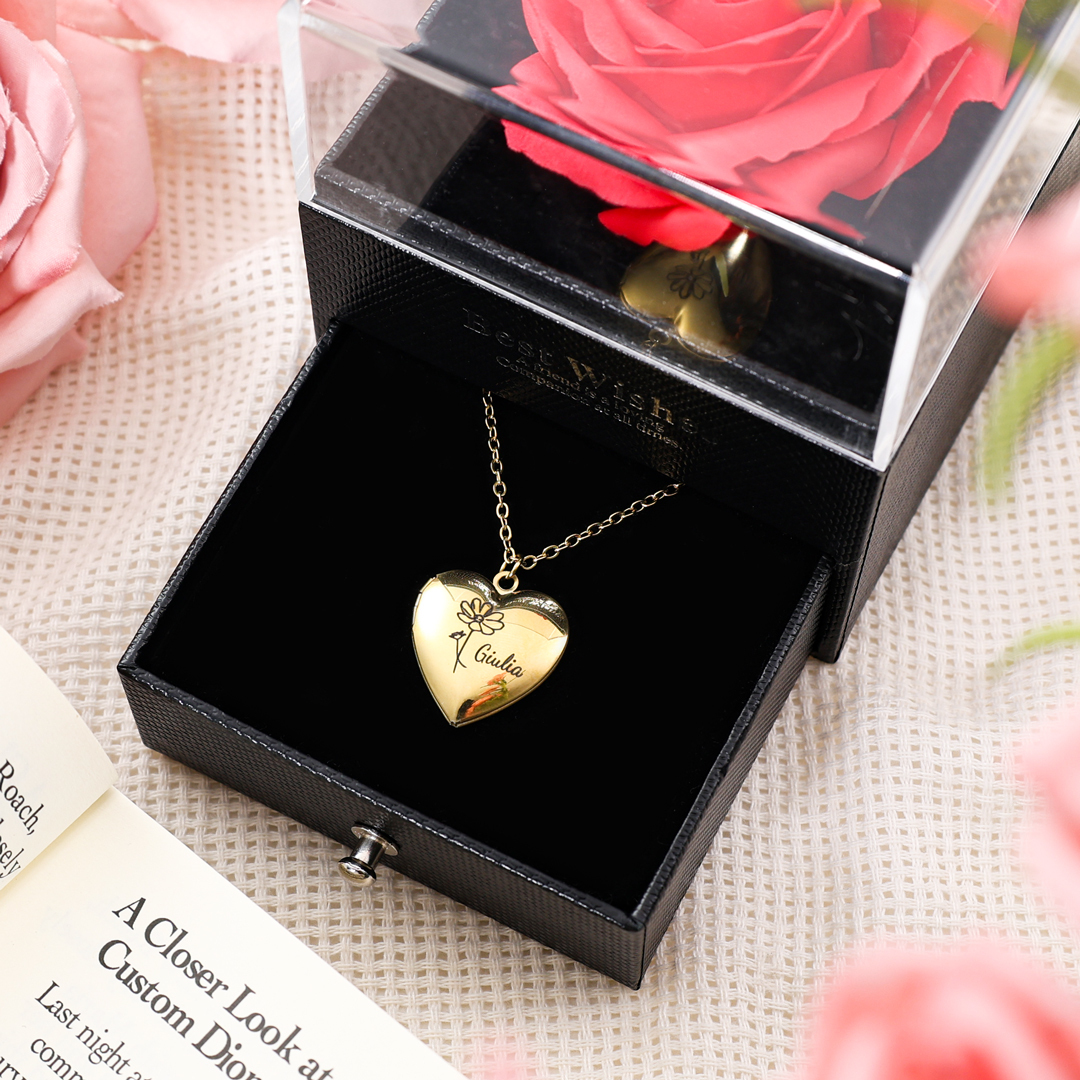 Personalized Heart Pendant Necklace Custom 2 Photos & 1 Birth Flower Gift for Ladies Girls