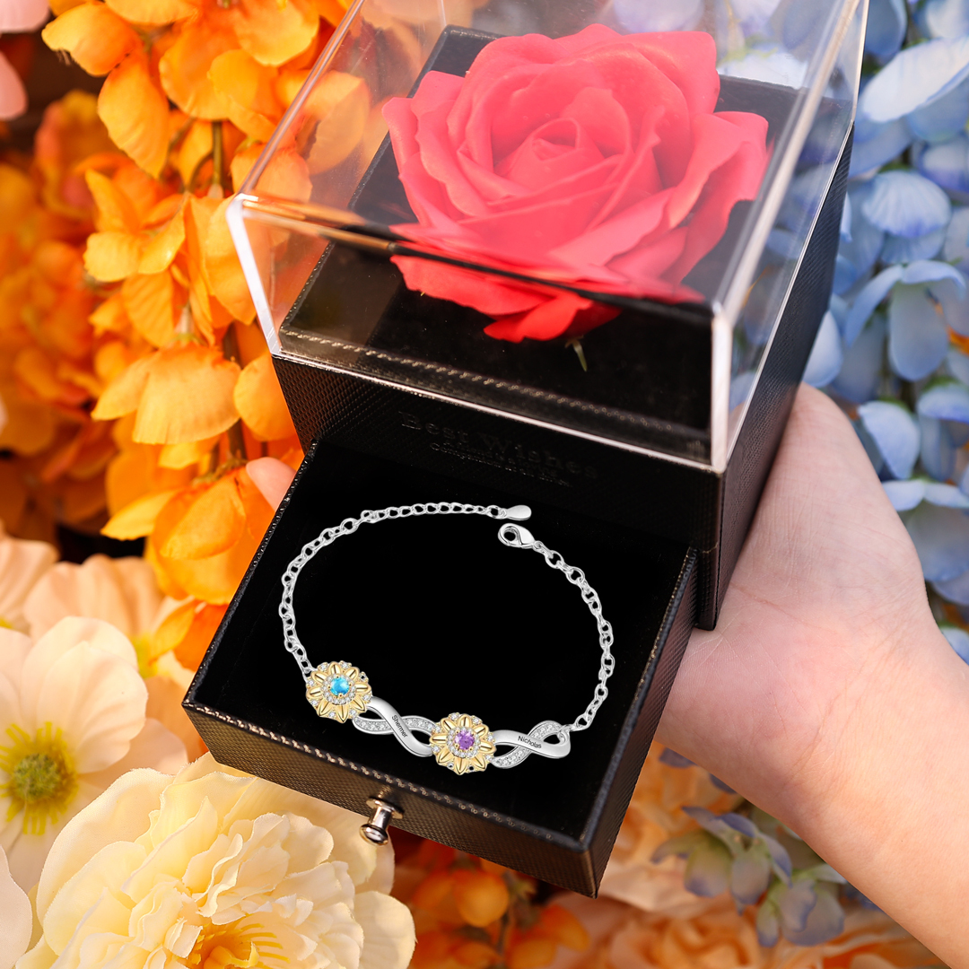 Personalized 2 Birthstones Engraved 2 Names Bracelet Women's Sunflower