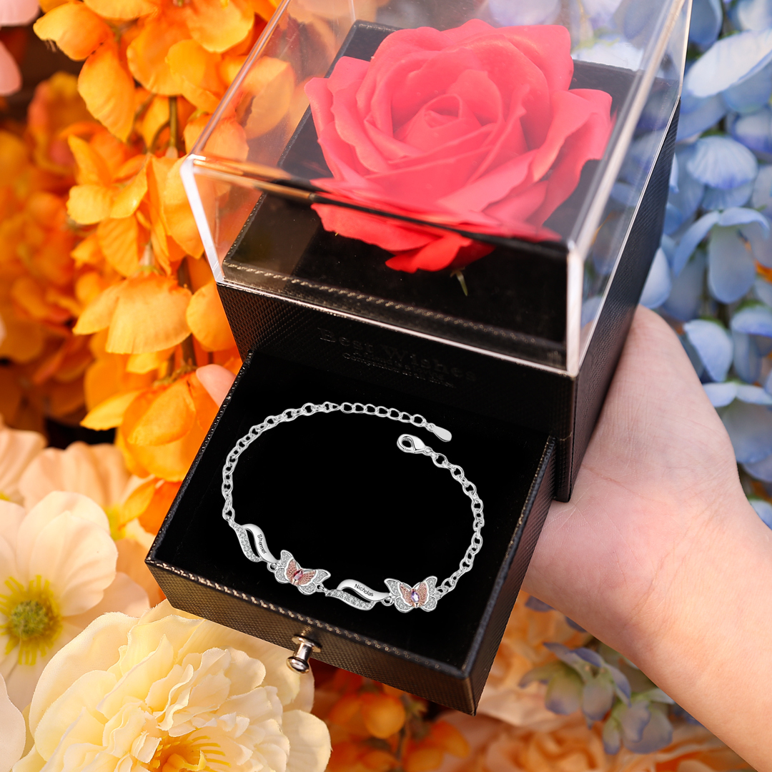 Personalized 2 Birthstones Engraved 2 Names Bracelet Women's Butterfly Bracelets Gifts for Grandma/Mother
