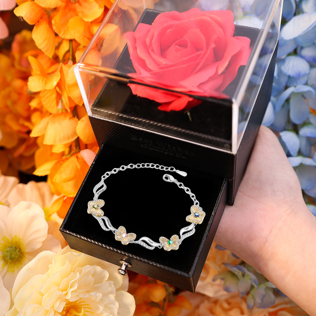 Personalized 4 Birthstones Engraved 4 Names Bracelet Women's Butterfly