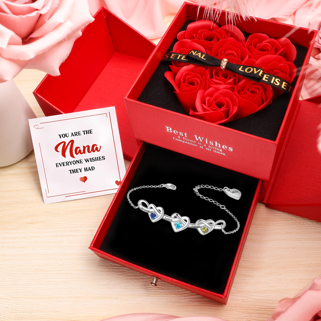 3 Names-Personalized Linked Heart Bracelet With 3 Birthstones Engraved Names And Text Bangle For Nana