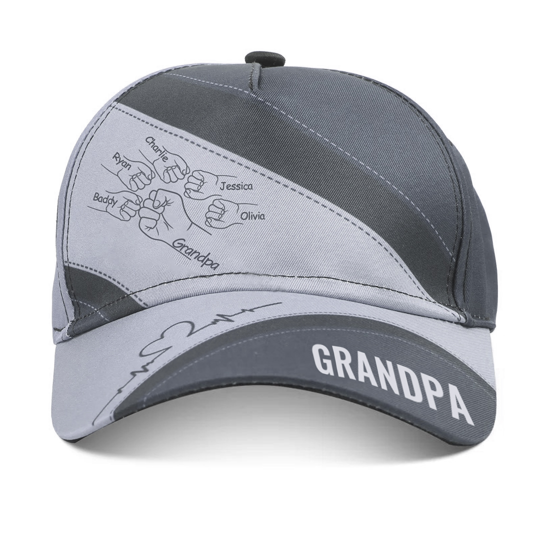 Personalized Fist Bump Classical Baseball Cap Custom 6 Names & 1 Text Snapback Adjustable Gift for Dad/Grandpa/Husband