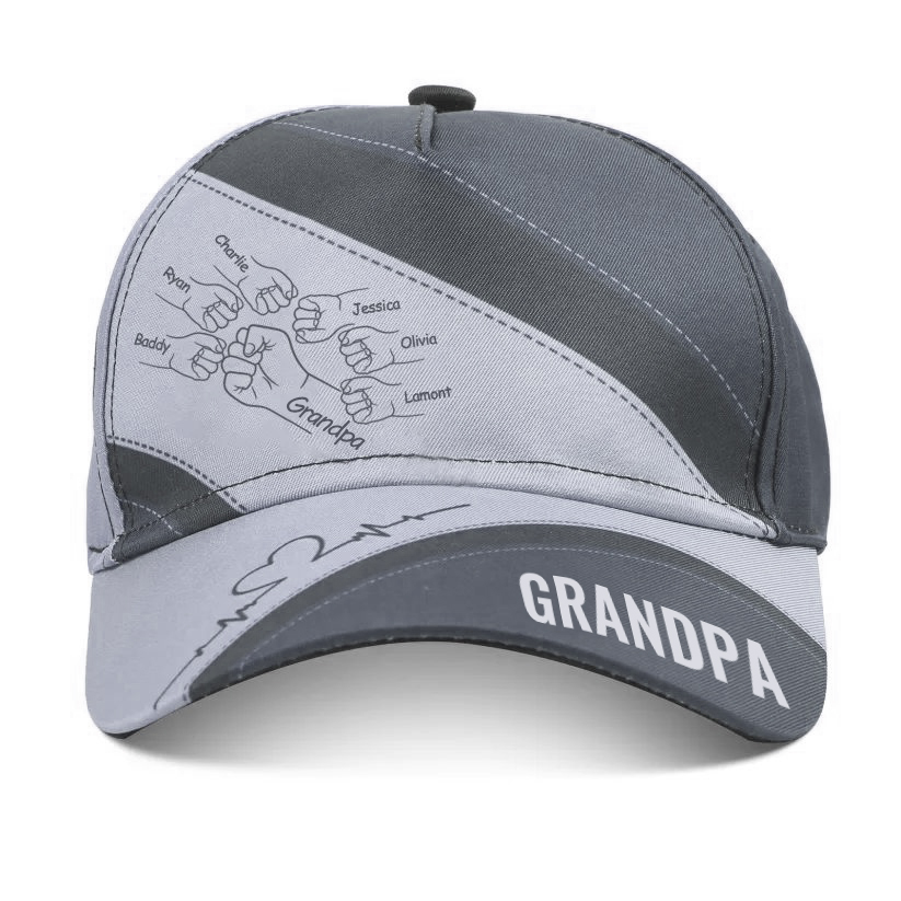 Personalized Fist Bump Classical Baseball Cap Custom 7 Names & 1 Text Snapback Adjustable Gift for Dad/Grandpa/Husband