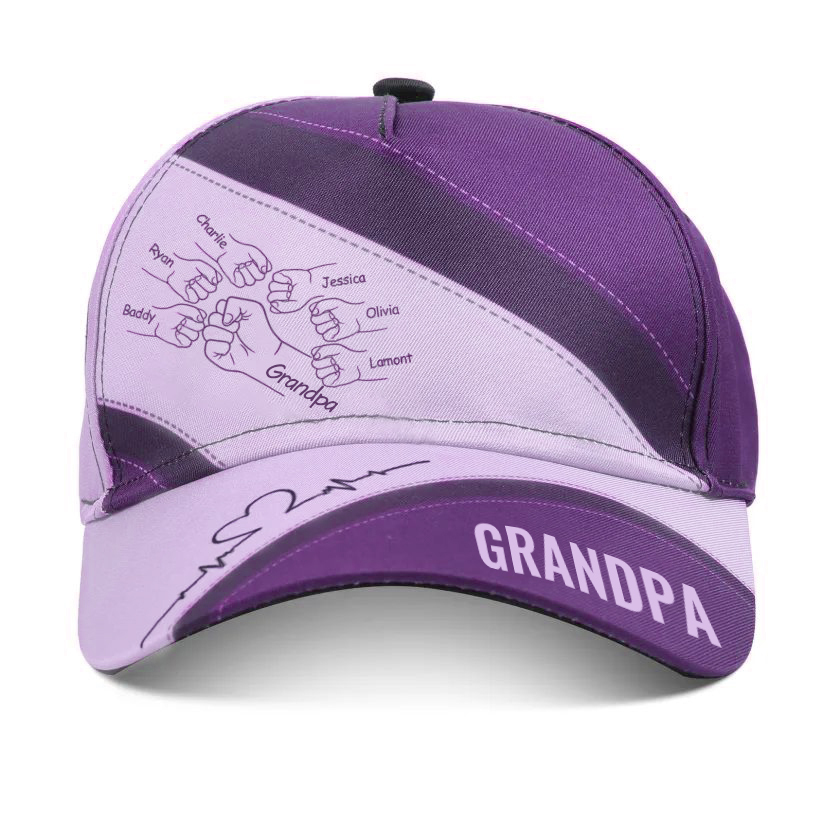 Personalized Fist Bump Classical Baseball Cap Custom 7 Names & 1 Text Snapback Adjustable Gift for Dad/Grandpa/Husband