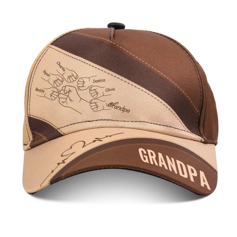 Personalized Fist Bump Classical Baseball Cap Custom 7 Names & 1 Text Snapback Adjustable Gift for Dad/Grandpa/Husband