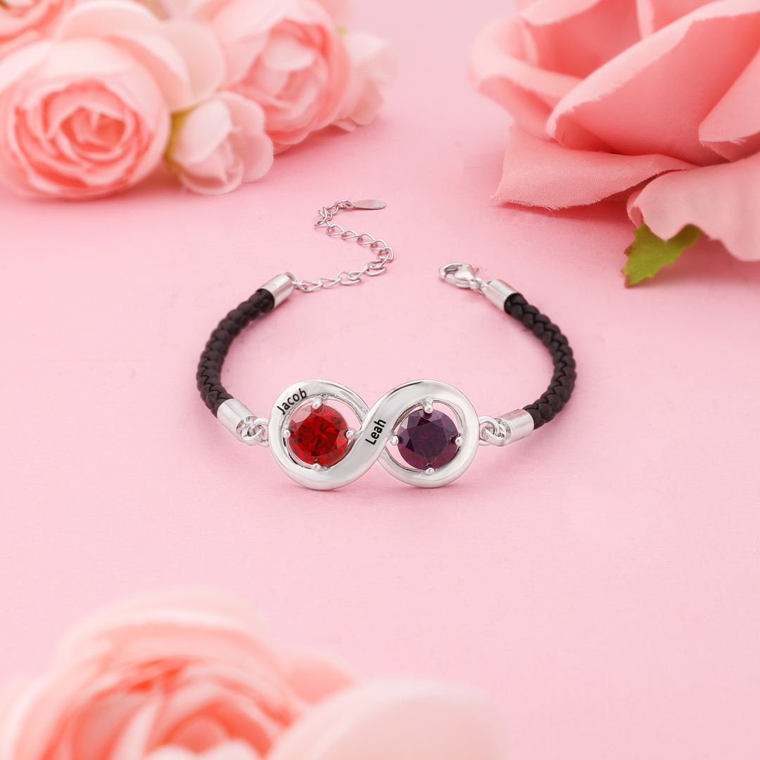 Personalized Infinity Bracelets Custom 2 Birthstones & 2 Names Adjustable Bracelet Gift for Her