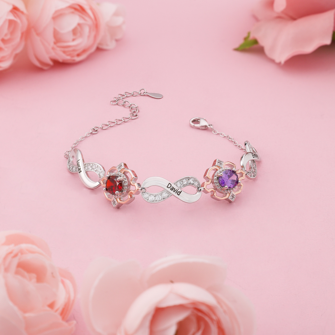 Infinity Bracelet Personalized 2 Birthstones Engraved 3 Names Women's Bracelets Birthday Gift for Her
