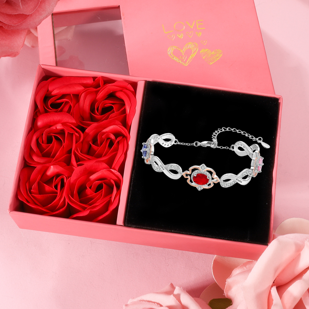 Infinity Bracelet Personalized 3 Birthstones Engraved 4 Names Women's Bracelets Birthday Gift for Her