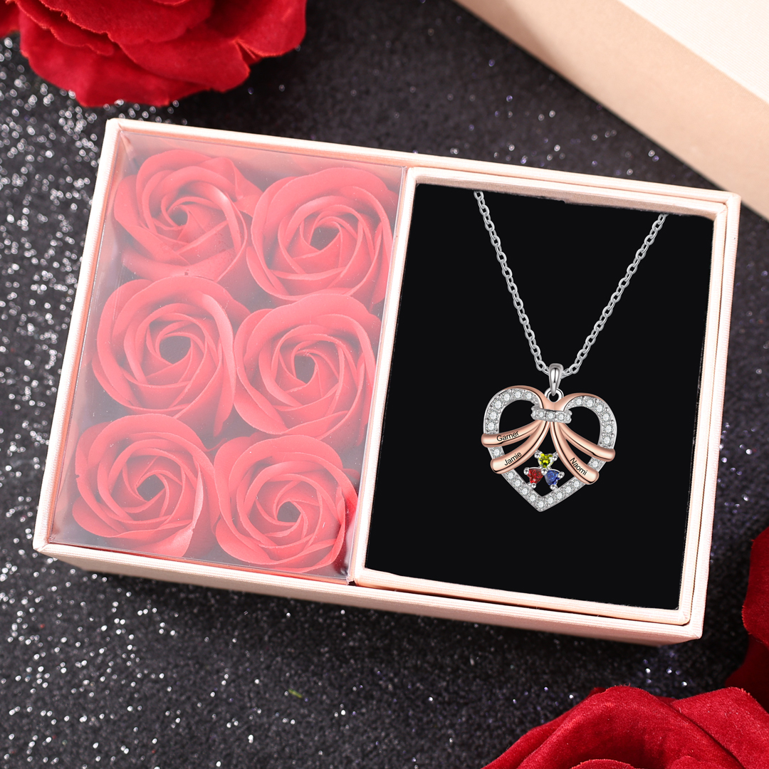 Personalized Heart Pendant Necklace Custom 3 Birthstones & 3 Names Women's Necklace Gift for Her