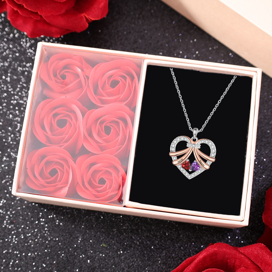 Personalized Heart Pendant Necklace Custom 2 Birthstones & 2 Names Women's Necklace Gift for Her