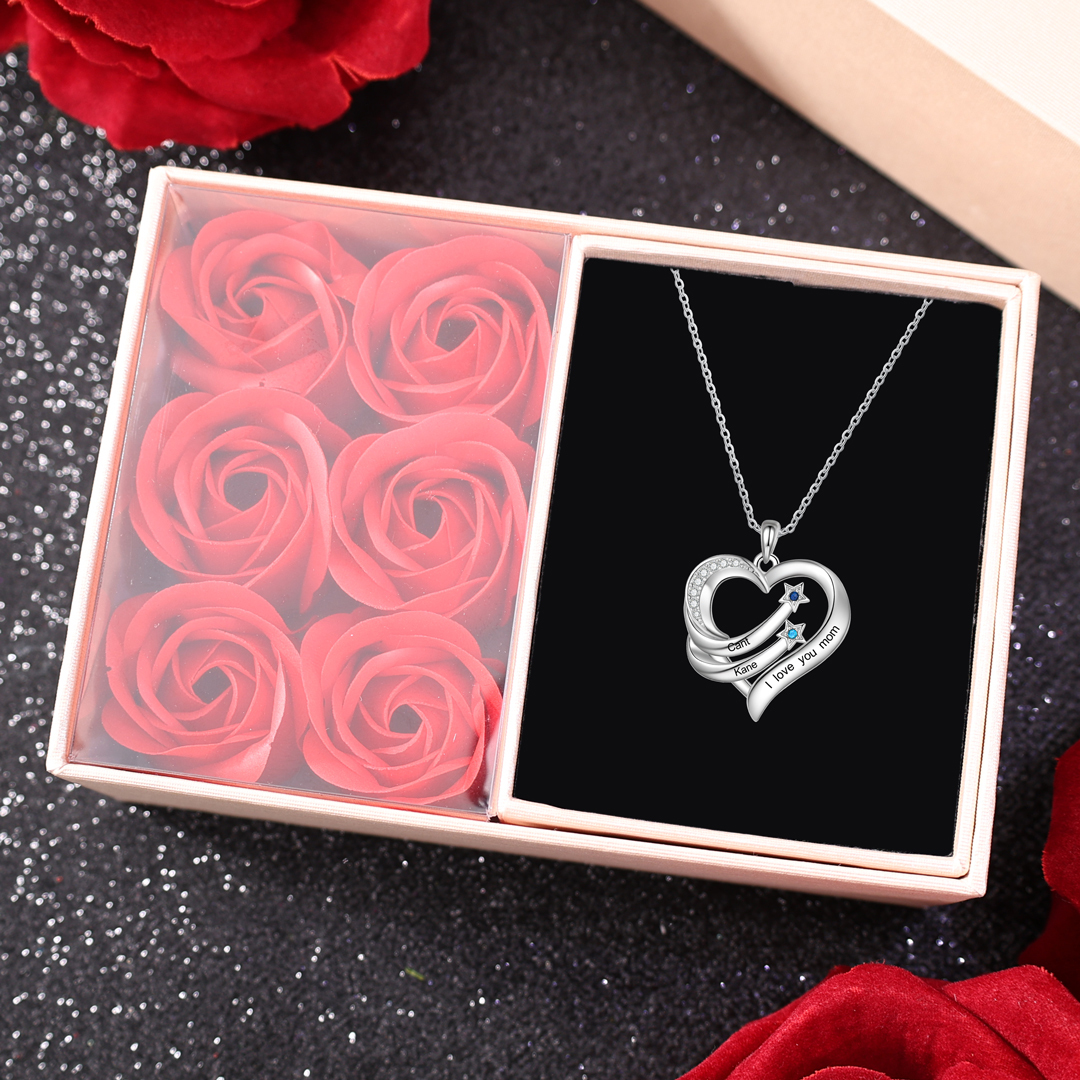 Personalized Moon Star Heart Women's Necklace Custom 2 Birthstones & 2 Names & 1 Text Gift for Her