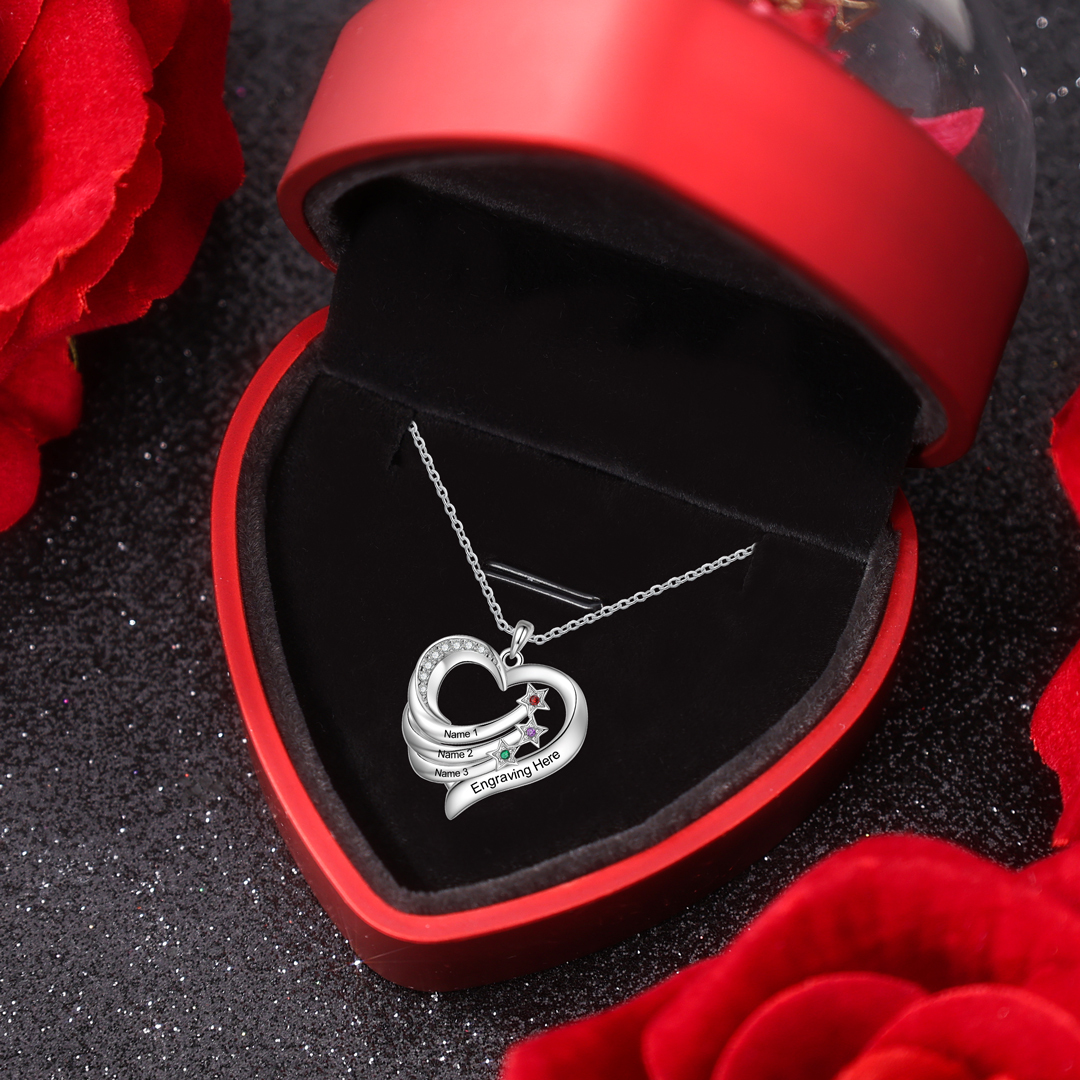 Personalized Moon Star Heart Women's Necklace Custom 3 Birthstones & 3