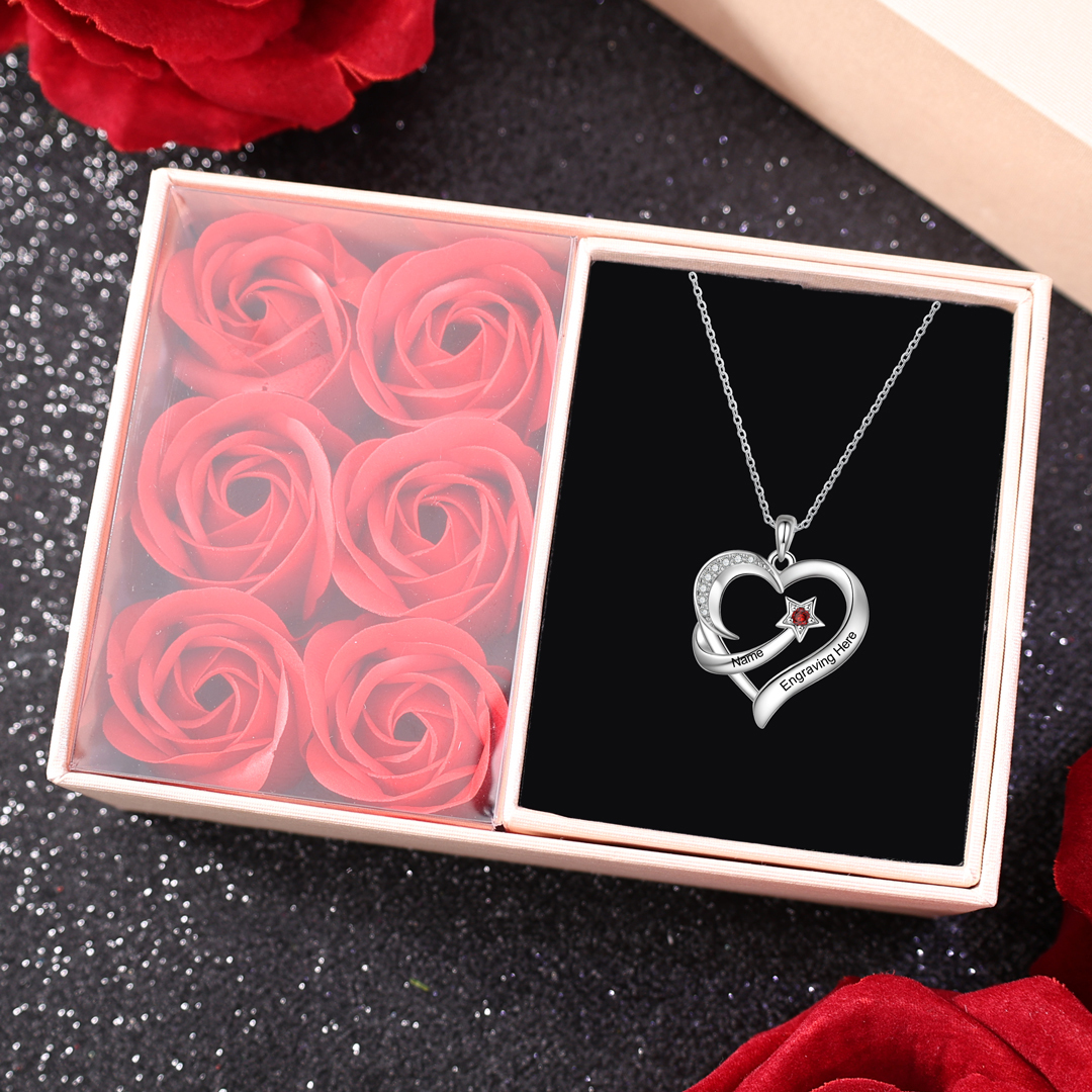 Personalized Moon Star Heart Women's Necklace Custom Birthstone & Name & Text Gift for Her