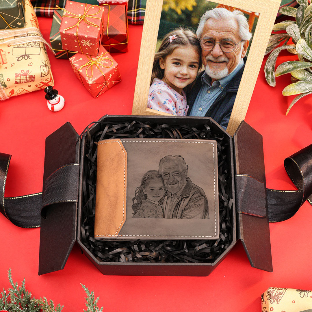 Men Photo Wallet Personalized Monogram Letter Custom Name Wallet Gray Christmas Gift for Him