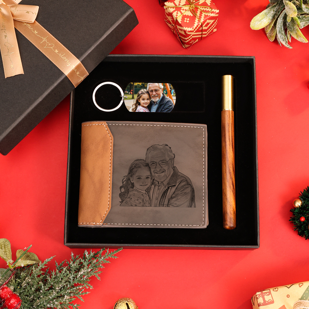 Personalized 2 Photos & 1 Text & 1 Name & 1 Letter Gift Set Custom Wallet & Keychain & Pen Gift Box Set Christmas Gift for Him