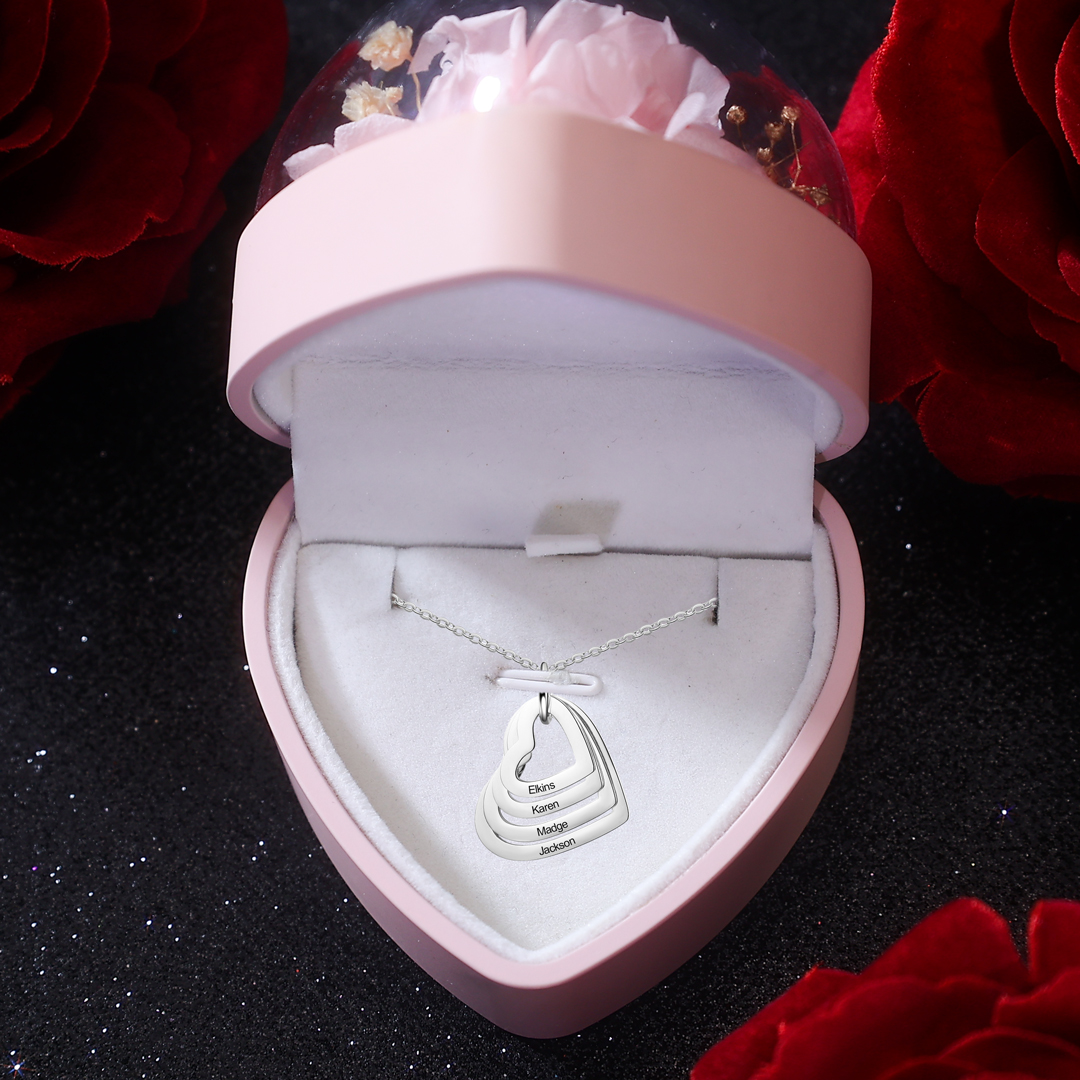 Personalized Mother Necklace Engraved 4 Names Heart Pendant Necklace