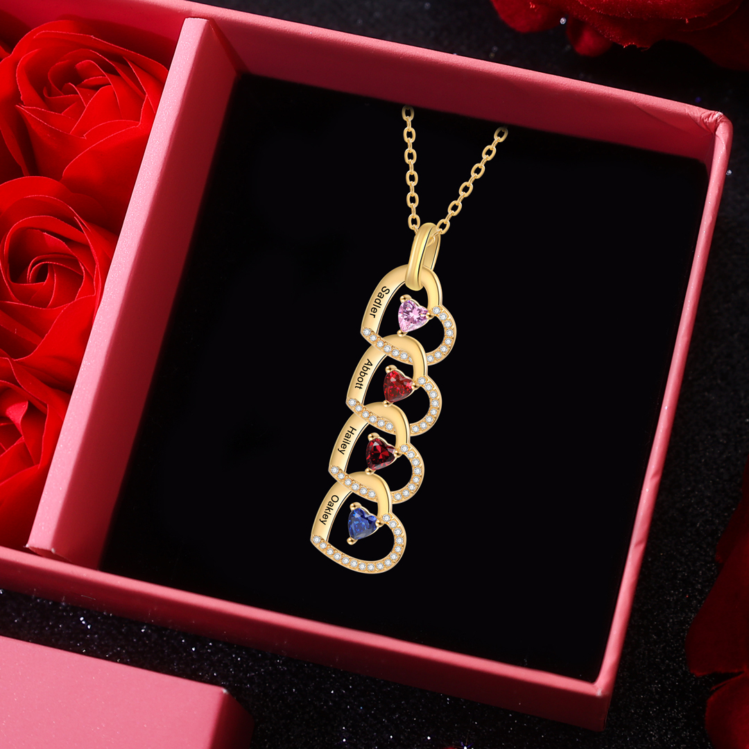 Personalized Heart Pendant Necklace Custom 4-6 Birthstones & 4-6 Names Women's Necklace Gold Gift for Her