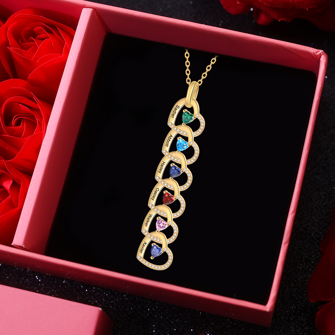 Personalized Heart Pendant Necklace Custom 4-6 Birthstones & 4-6 Names Women's Necklace Gold Gift for Her