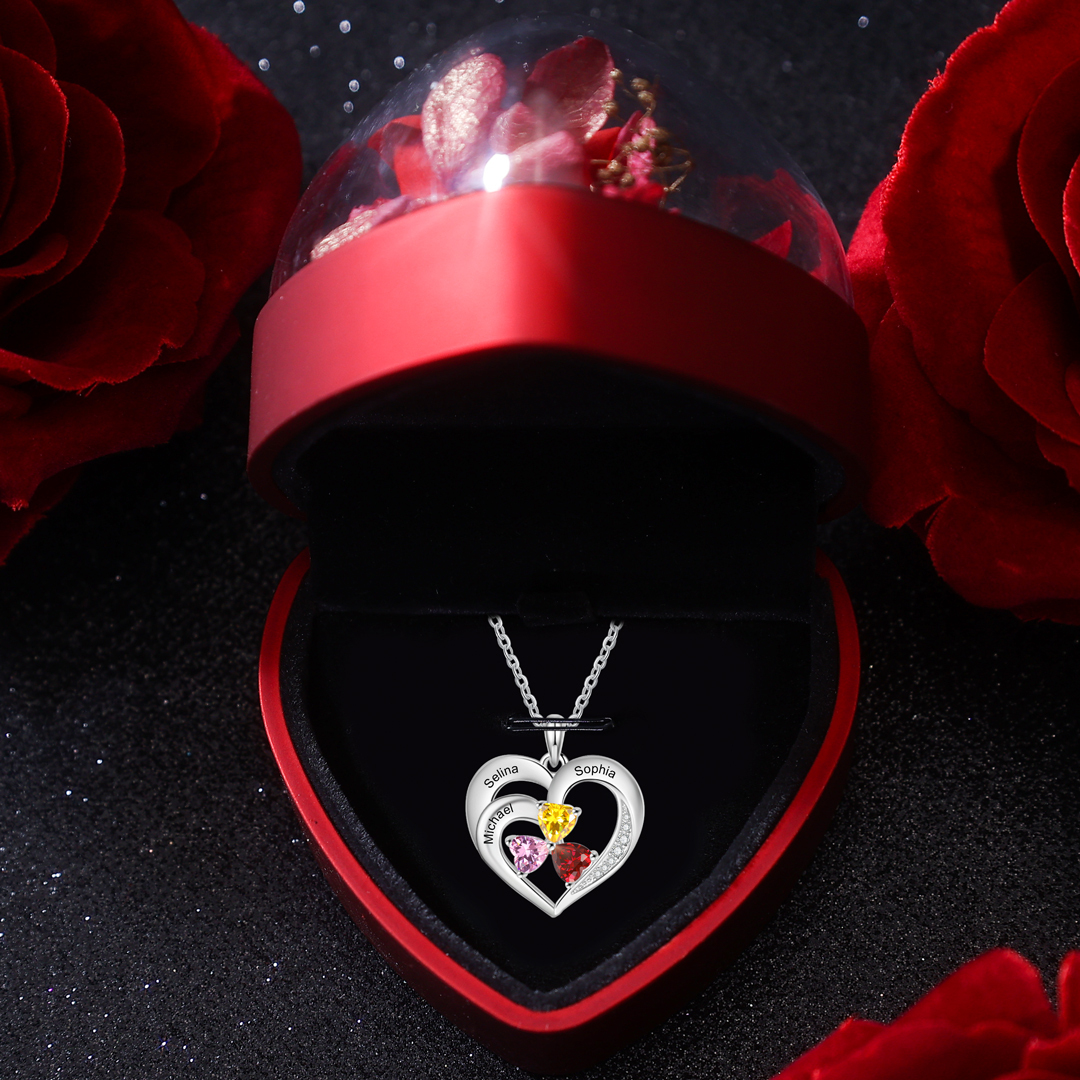 Custom 3 Names Personalized Heart Birthstone Necklace Gift for Mother Necklace Birthday Gift for Her