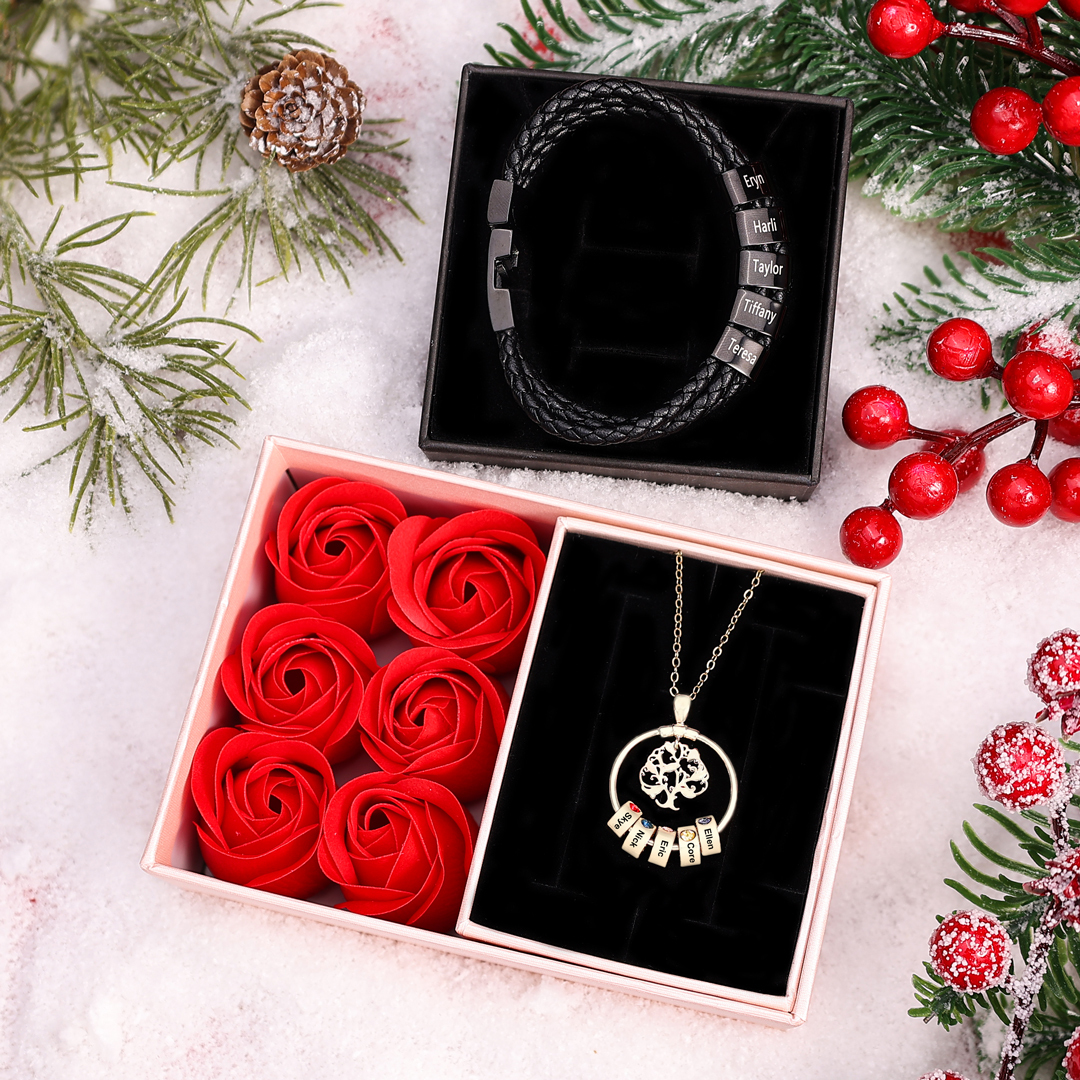 Personalized Family Necklace and Leather Bracelet Set with 5 Birthstones 5 Names Christmas Gift for Loved Ones