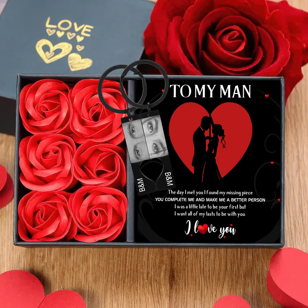 Personalized Eye Photo Heart Puzzle Keychain with 2 Photos and Initials Includes Gift Card and Luxury Gift Box for Couples Valentine's Day Gift Set