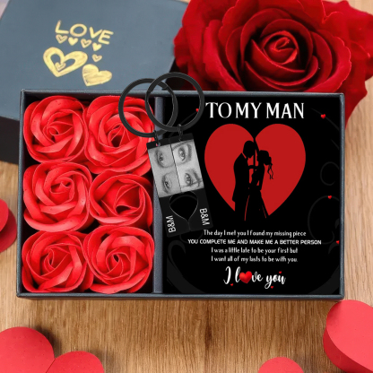 Personalized Eye Photo Heart Puzzle Keychain with 2 Photos and Initials Includes Gift Card and Luxury Gift Box for Couples Valentine's Day Gift Set