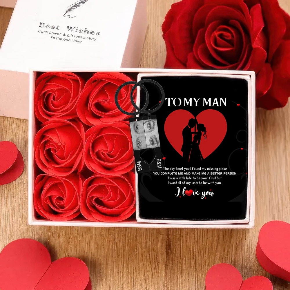 Personalized Eye Photo Heart Puzzle Keychain with 2 Photos and Initials Includes Gift Card and Luxury Gift Box for Couples Valentine's Day Gift Set