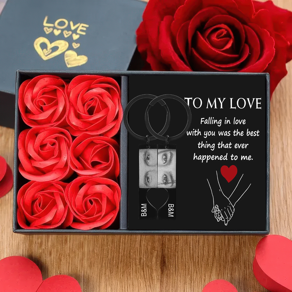 Personalized Eye Photo Heart Puzzle Keychain with 2 Photos and Initials Includes Gift Card and Luxury Gift Box for Couples Valentine's Day Gift Set