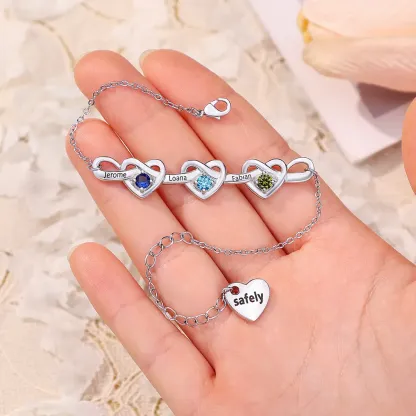 3 Names - Personalized Linked Heart Bracelet Custom 3 Birthstones Engraved Text Bracelets- Mother's Day Gift for Mom/Grandma
