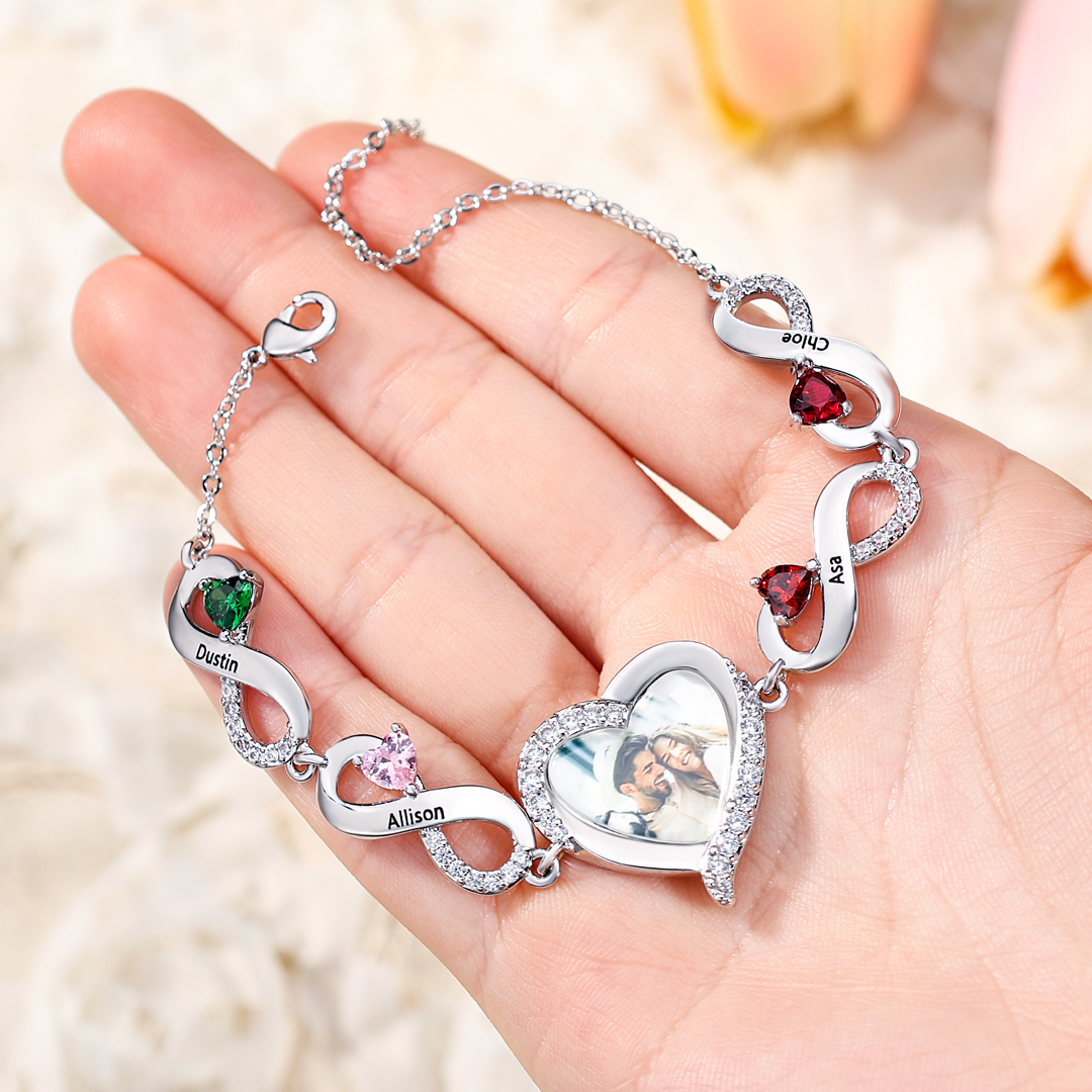 4 Birthstones & 4 Names & Photo - Personalized Birthstone Beautiful Bracelet Gift for Mom
