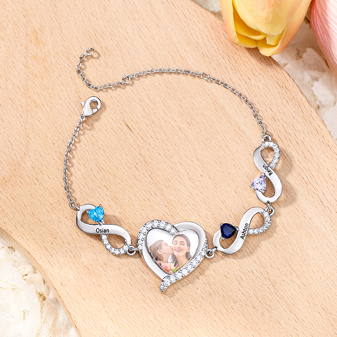 3 Birthstones & 3 Names & Photo - Personalized Birthstone Beautiful Bracelet Gift for Mom