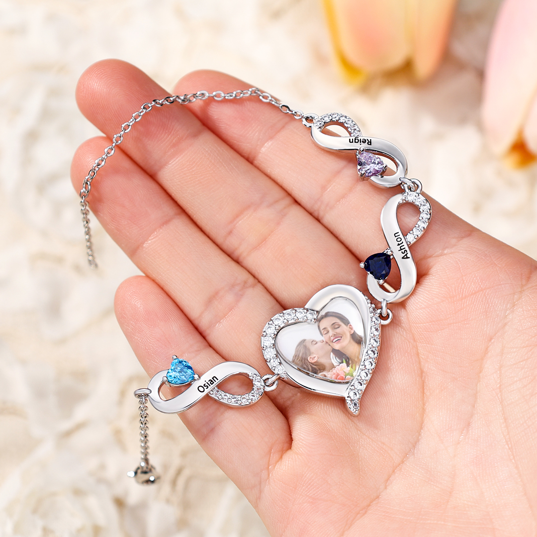 3 Birthstones & 3 Names & Photo - Personalized Birthstone Beautiful Bracelet Gift for Mom