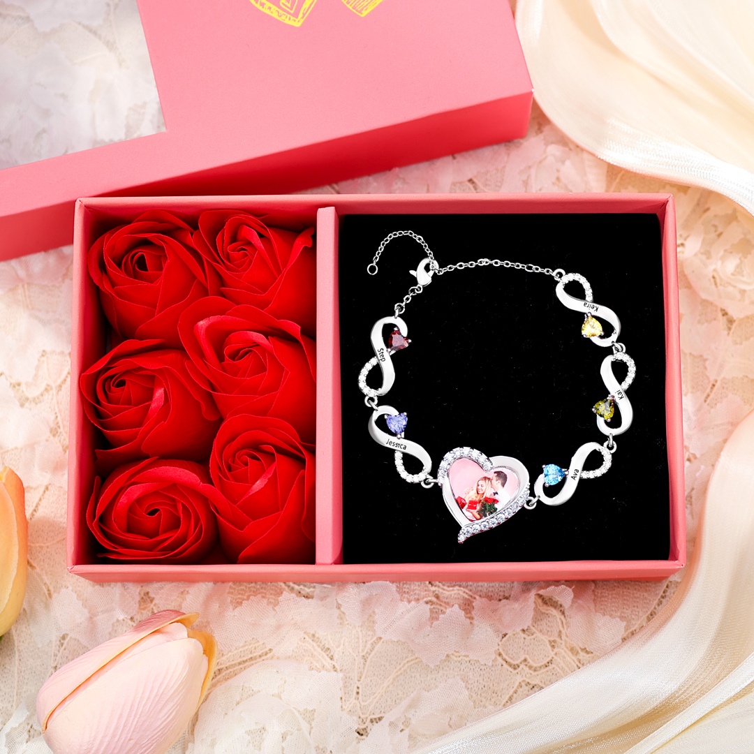 5 Birthstones & 5 Names & Photo - Personalized Birthstone Beautiful Bracelet Gift for Mom