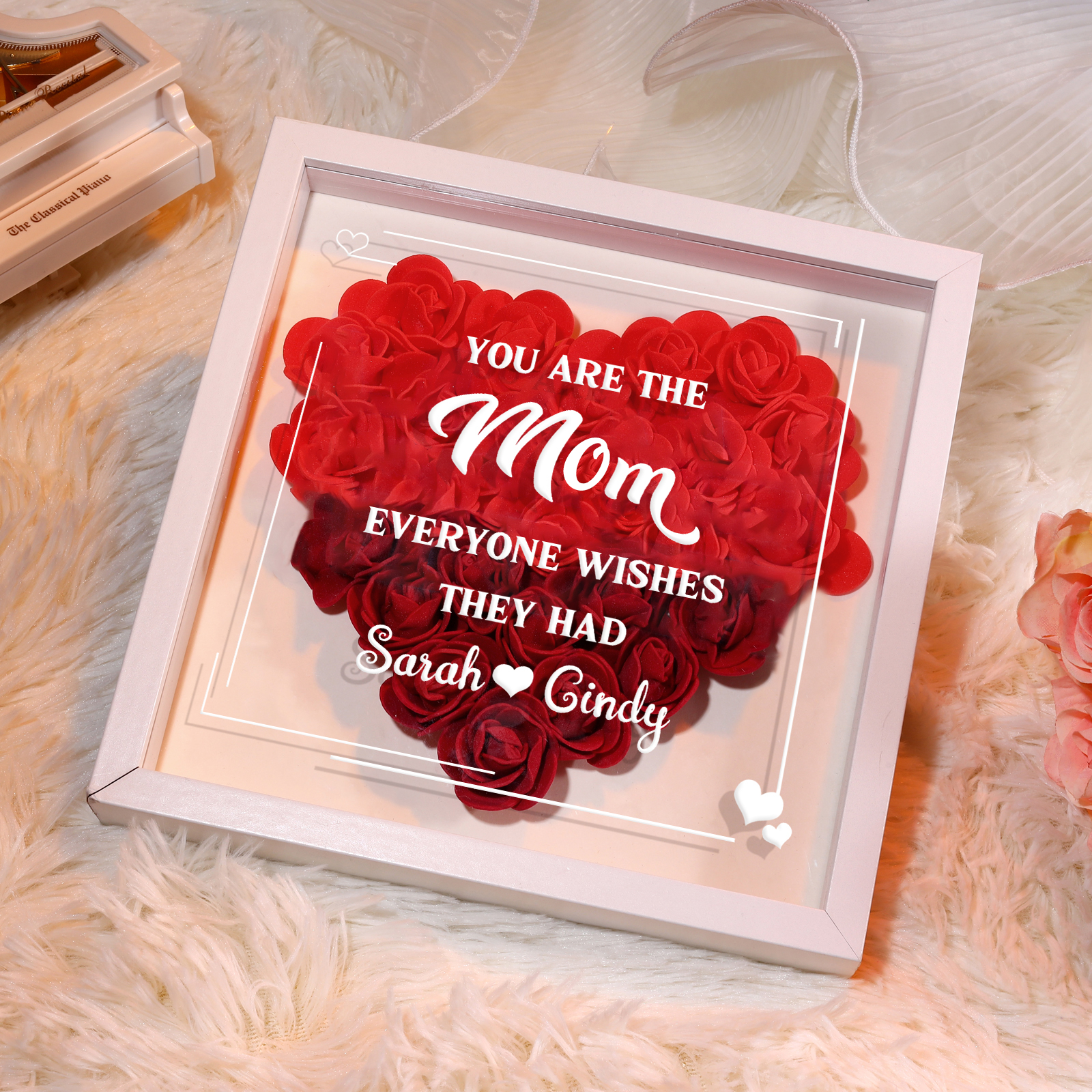 Personalized 1 Nickname & 2 Names Heart-Shaped Rose Shadow Box Frame – Custom Gift for Mom, Grandma & Loved Ones| Lorajewel