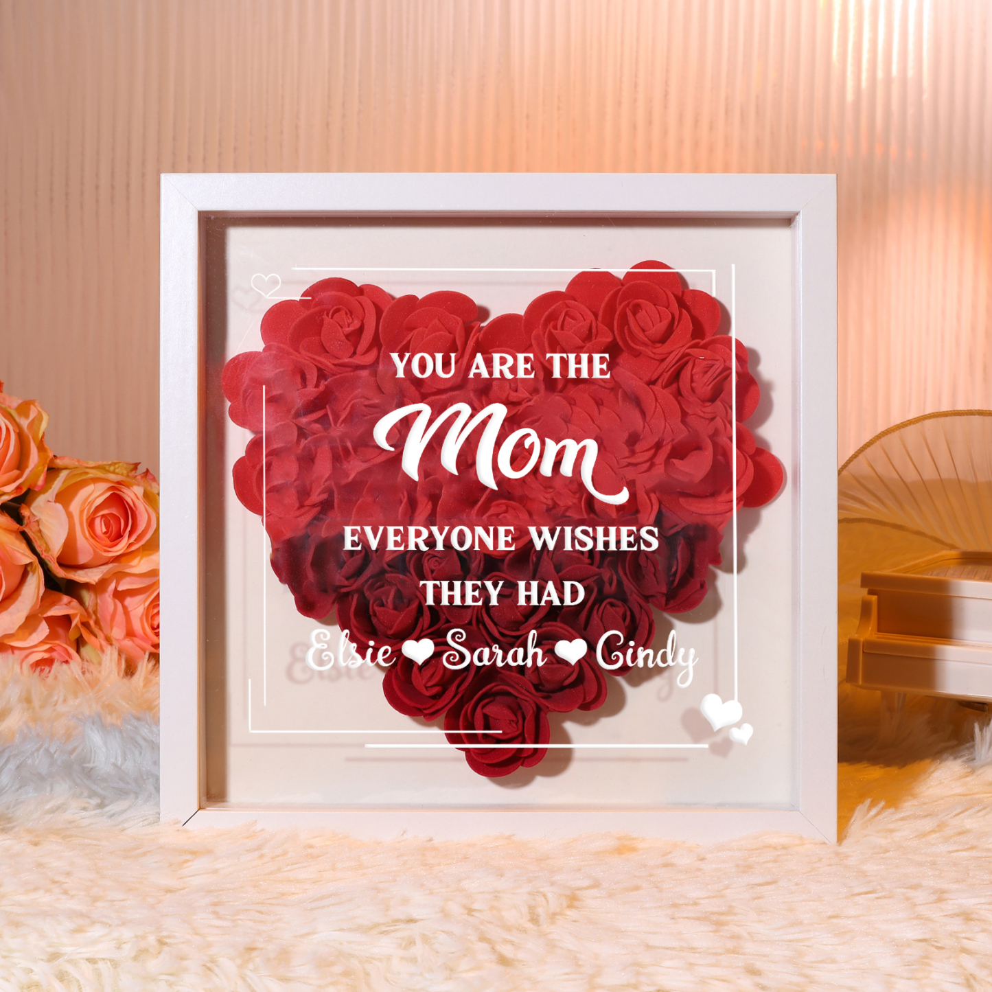 Personalized 1 Nickname & 3 Names Heart-Shaped Rose Shadow Box Frame – Custom Gift for Mom, Grandma & Loved Ones| Lorajewel