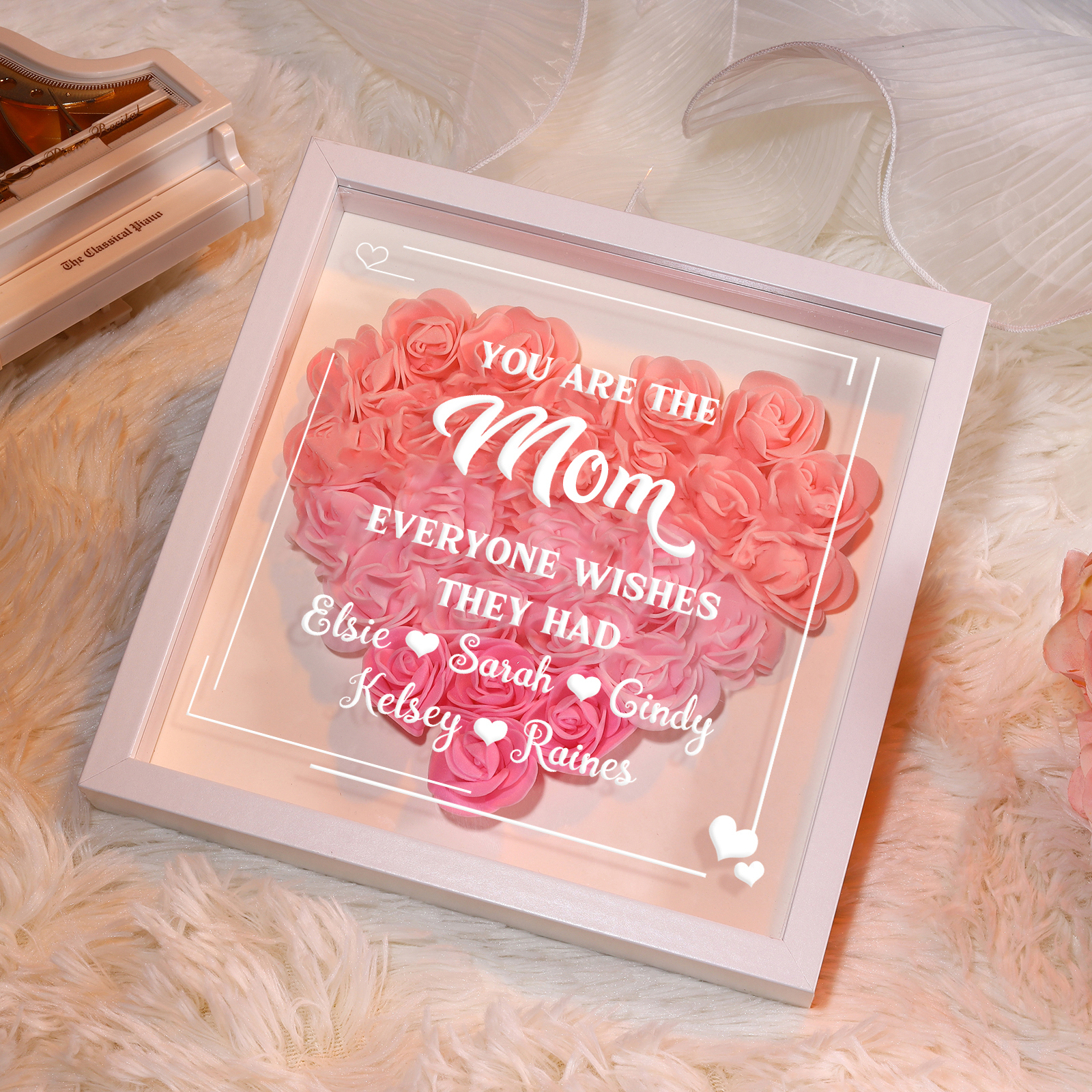 Personalized 1 Nickname & 5 Names Heart-Shaped Rose Shadow Box Frame – Custom Gift for Mom, Grandma & Loved Ones| Lorajewel